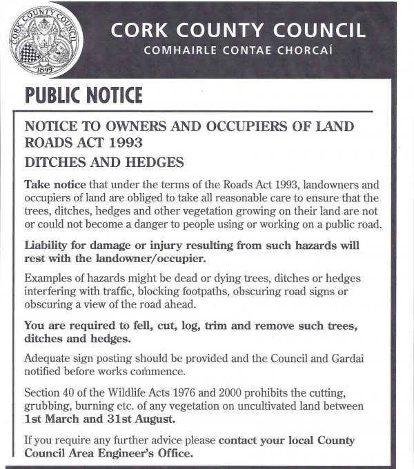 Cork County Council advises landowners of responsibility of cutting hedgerows
