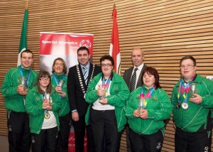 Cork County Council held a Mayoral Reception at County Hall to honour the tremendous accomplishments of six Cork competitors at the 2015 Special Olympics World Summer Games. Pictured (left to right): Colm Monahan, Ballincollig, Laura Aherne, Carrigaline, Trudy Hyland, College Road, Cllr. John Paul O'Shea, Mayor of the County of Cork, Lisa O'Brien, Ballyhea, Tim Lucey, Chief Executive, Cork County Council, Aoife O'Sullivan, Ballinlough and Sean Coleman, Youghal. Photo: Martin Walsh.