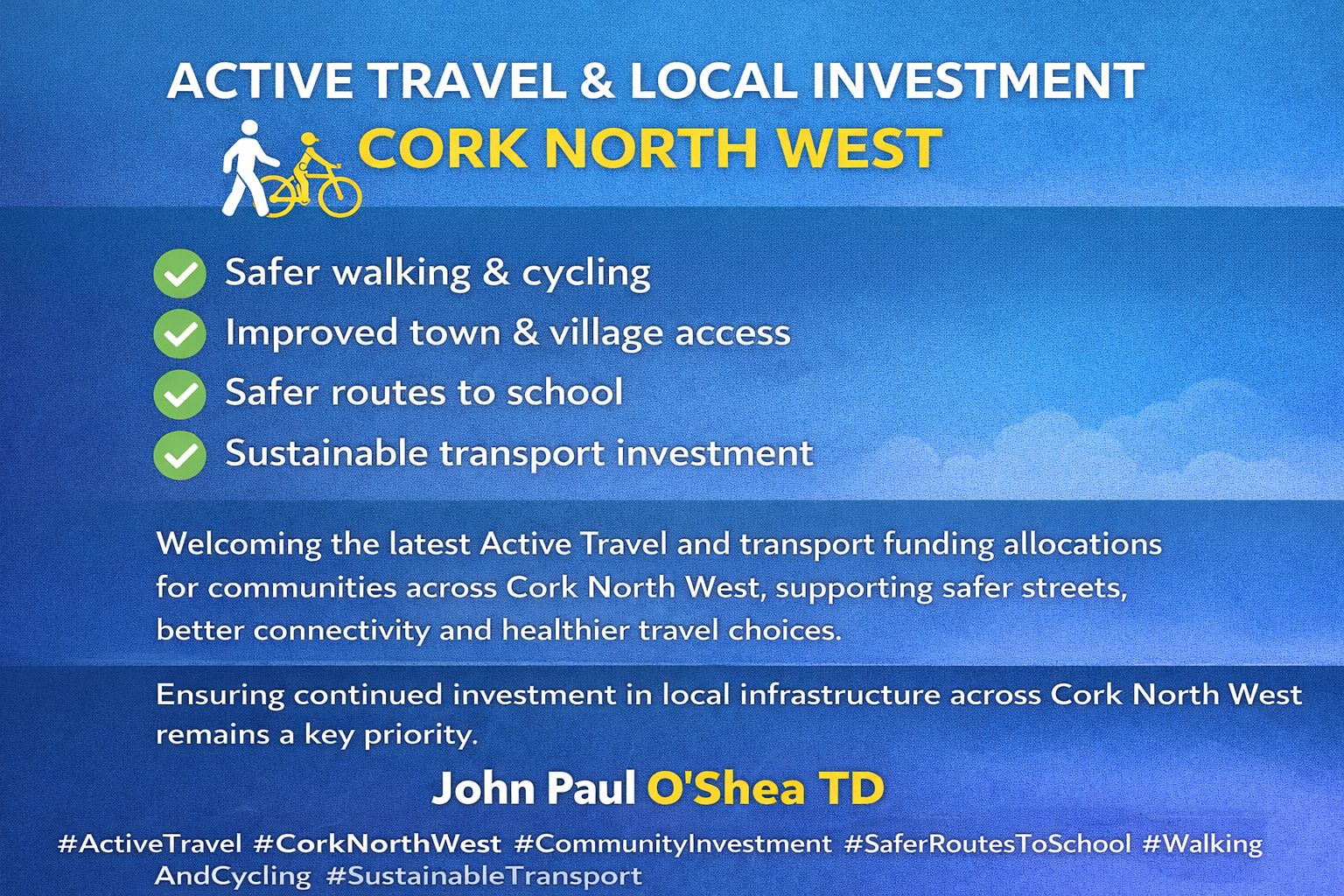 Active Travel Funding Announced for Cork County for 2026