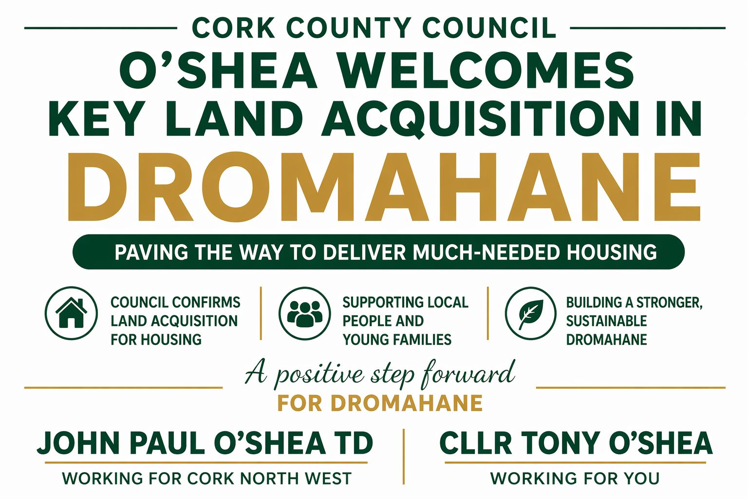 O’Shea TD Welcomes Key Land Acquisition in Dromahane to Deliver Much-Needed Housing