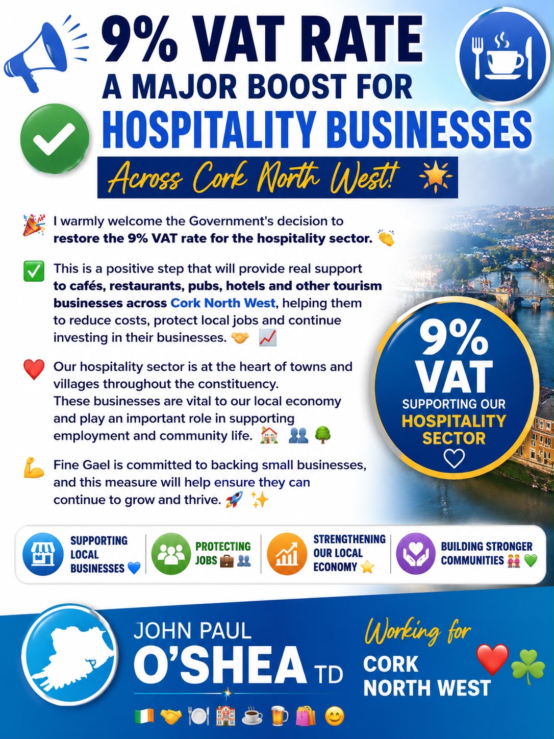 9% VAT Rate Will Support Businesses Across Cork to Grow and Protect Jobs